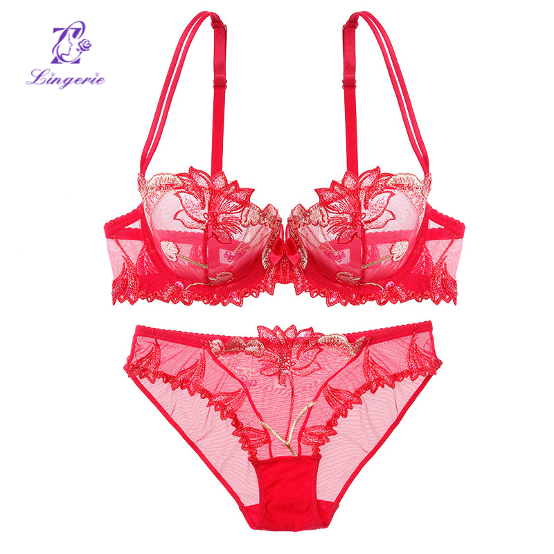 Sexy underwear French ultra-thin transparent mesh embroidered lace underwear large breasts show small big yards bra set