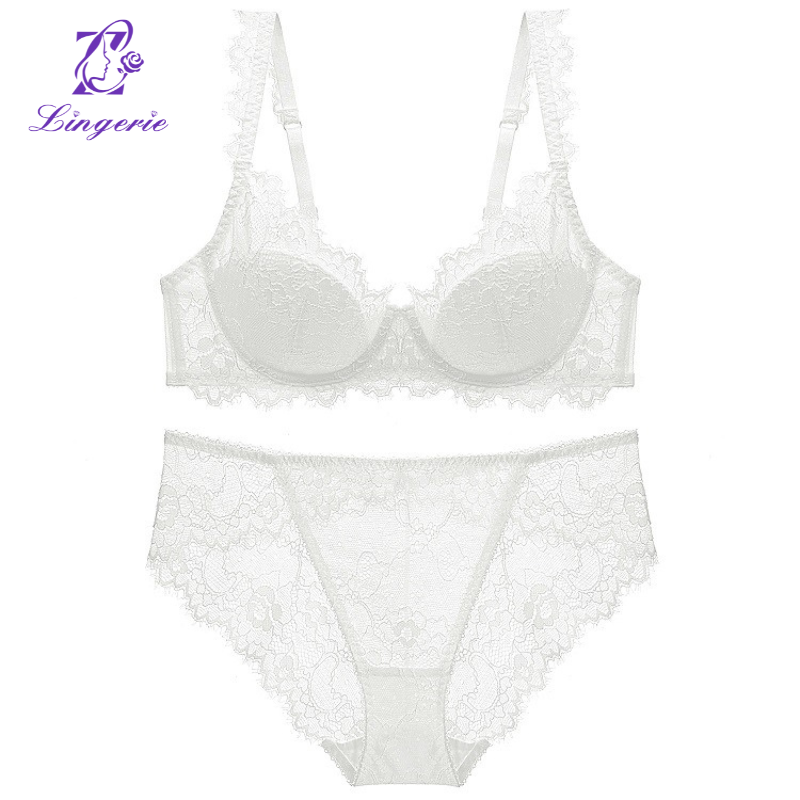 French lingerie women's sensual thin cotton transparent lace underwear large breasts show small anti-sagging large size bra set bra