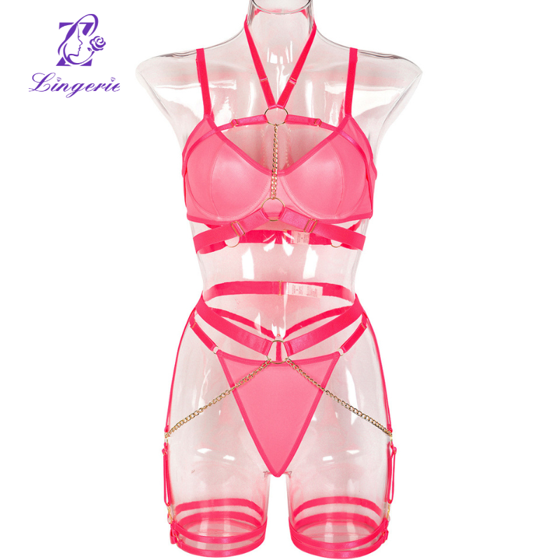 Lingerie Chain Hanging Neck Waistband Heavy Crafted Erotic Lingerie Three Piece Set