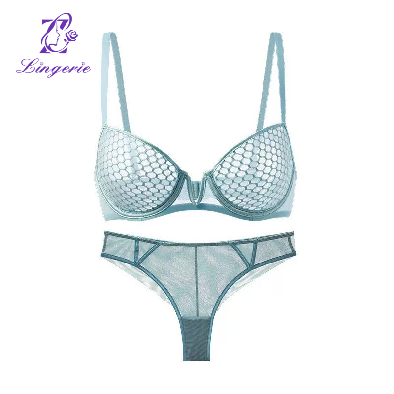 French lace underwear sexy honeycomb pattern ultra-thin soft steel ring bra large breasts show small plus size bra set