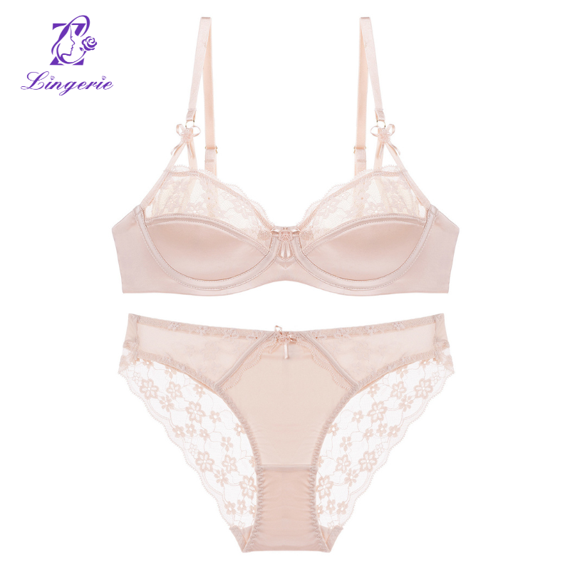 Lace underwear Thin cotton smooth face soft underwire bra Big chest small underwear set