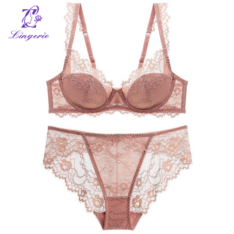 French lingerie women's sensual thin cotton transparent lace underwear large breasts show small anti-sagging large size bra set bra