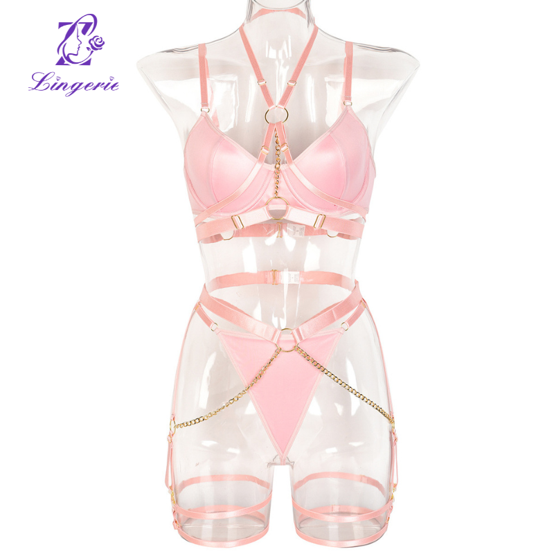 Lingerie Chain Hanging Neck Waistband Heavy Crafted Erotic Lingerie Three Piece Set