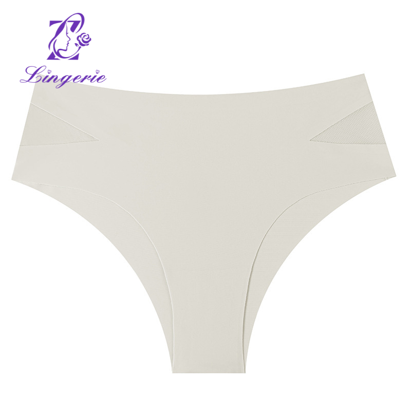 High elastic ice silk seamless panties ladies solid color side mesh hollow triangle sexy nude one-piece panties