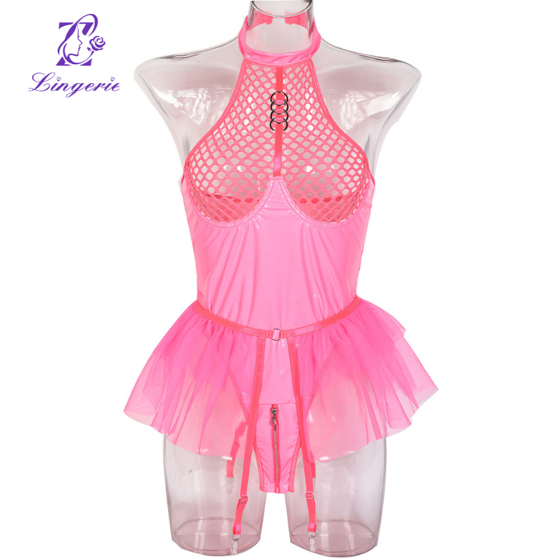 Patent leather mesh stitching neck overalls mesh poncho bottom garter tights