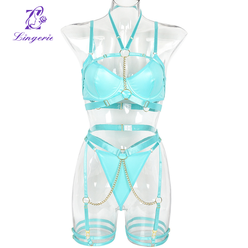 Lingerie Chain Hanging Neck Waistband Heavy Crafted Erotic Lingerie Three Piece Set