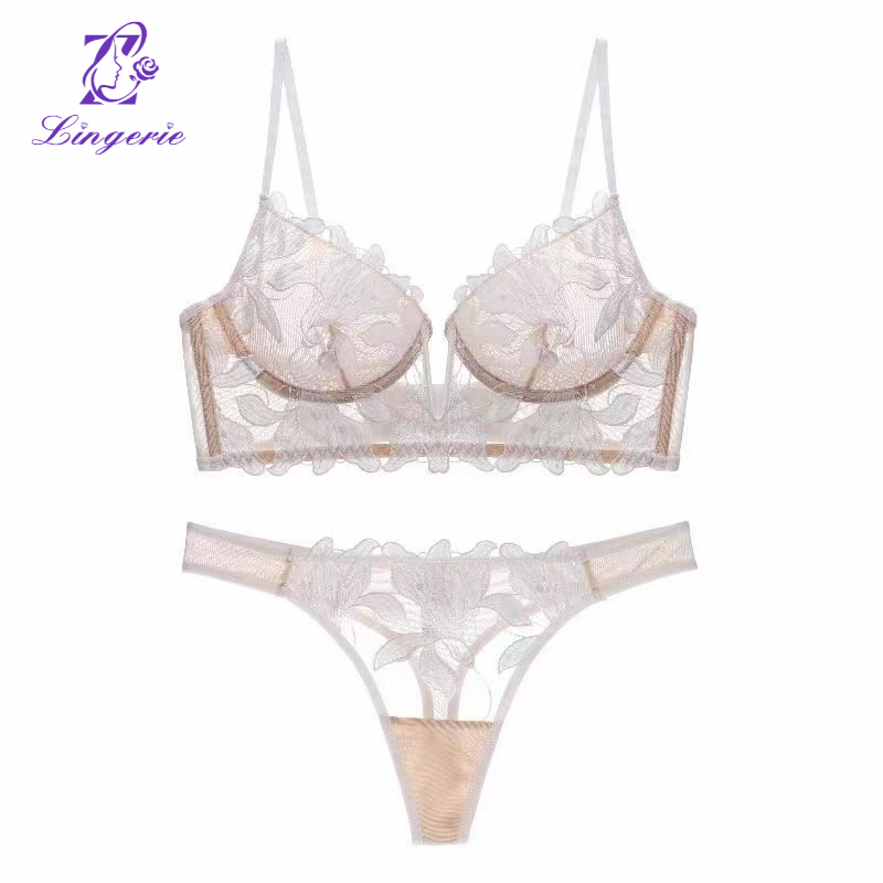 Sexy deep V embroidery lace underwear female ultra-thin large breasts show small anti-sagging bra suit bra