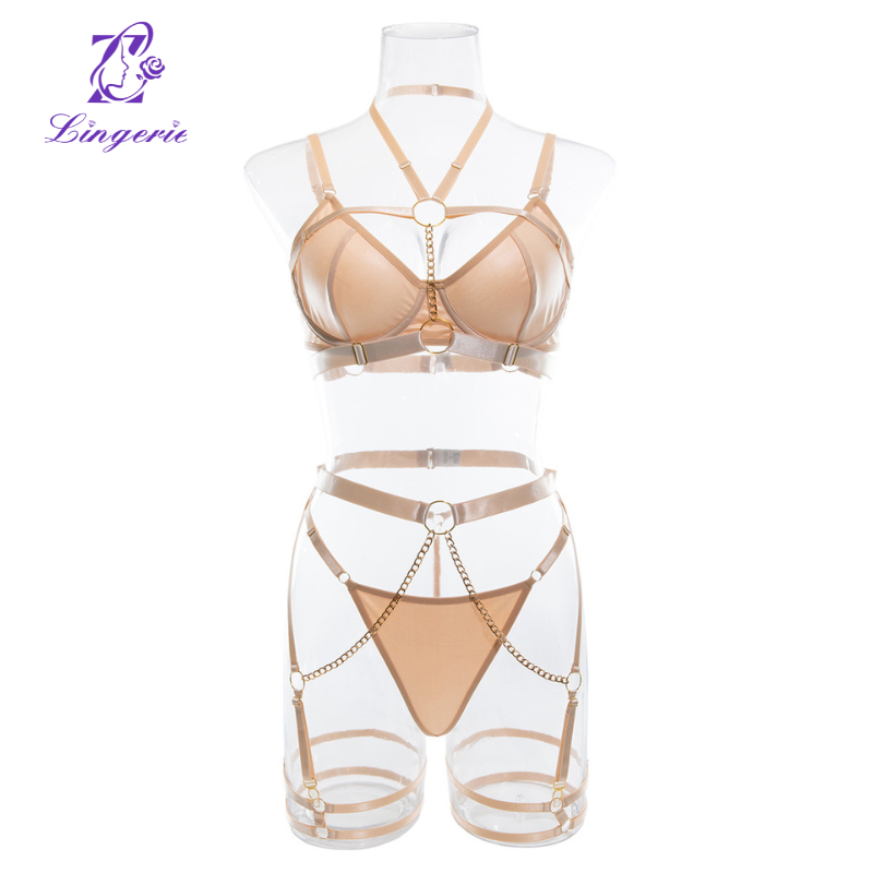 Lingerie Chain Hanging Neck Waistband Heavy Crafted Erotic Lingerie Three Piece Set