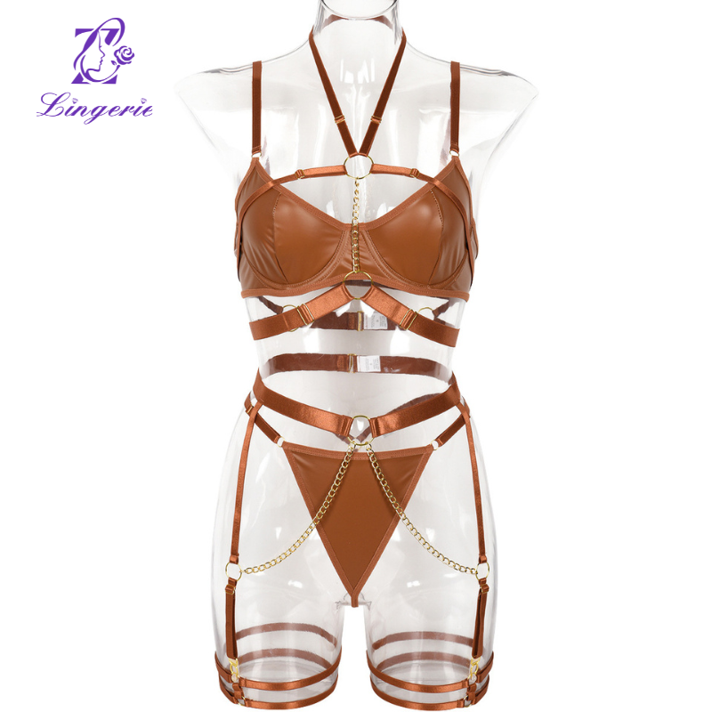 Lingerie Chain Hanging Neck Waistband Heavy Crafted Erotic Lingerie Three Piece Set