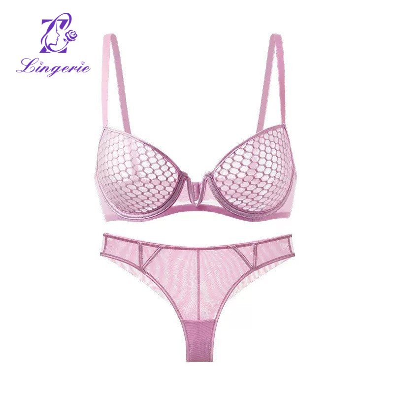 French lace underwear sexy honeycomb pattern ultra-thin soft steel ring bra large breasts show small plus size bra set