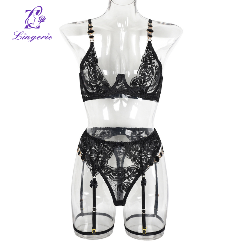Wind retro gemstone embroidery bra sexy gathered underwear female
