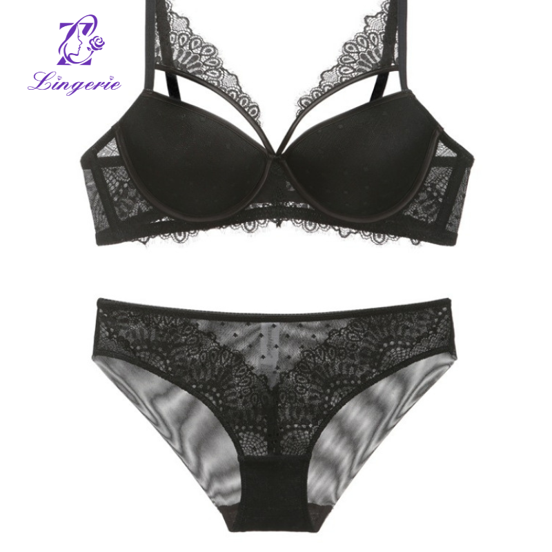 French deep V sexy lingerie women's upturned gather collect vice breasts bra on the thin bottom thick bra set