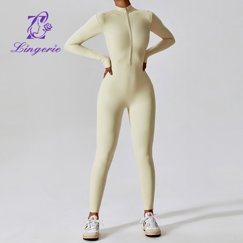 Zipper Nude Long Sleeve Yoga Bodysuit High Intensity Fitness Workout One Piece Leotard