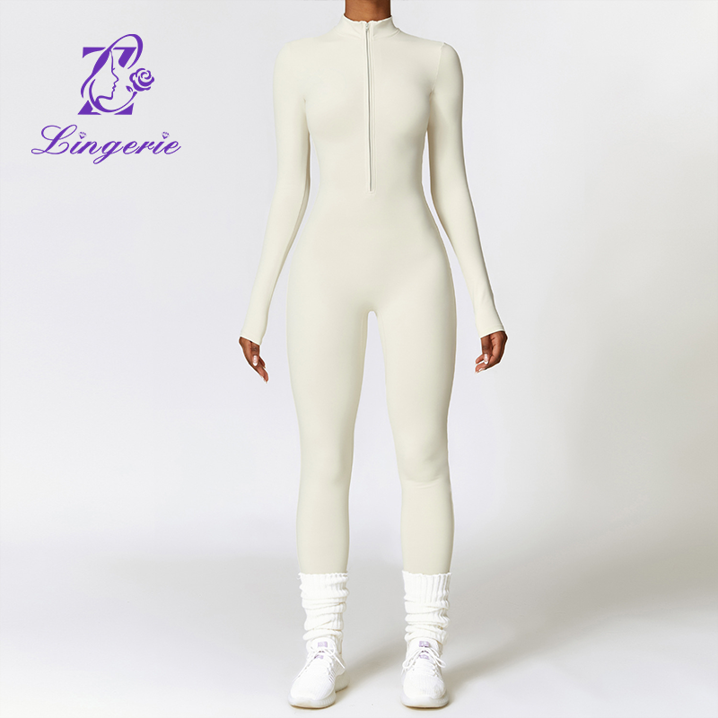 Zipper Nude Skinny Padded Yoga Bodysuit Outdoor Warm One Piece Running Fitness Wear