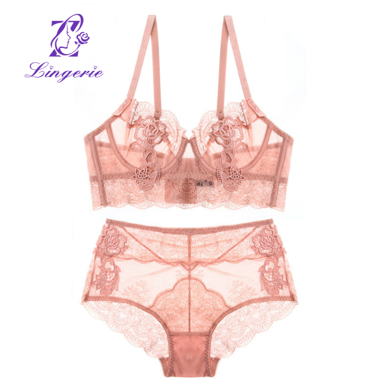 Sexy lace French lingerie set spongeless hollowed-out ultra-thin bra Small push-up bra set