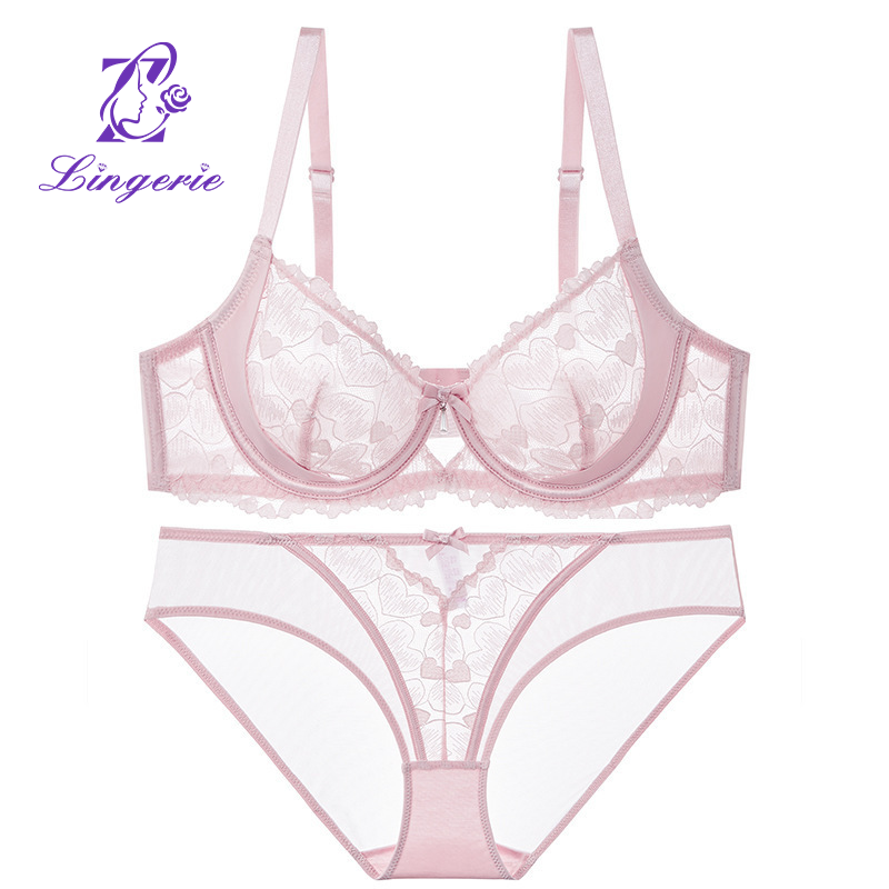 Sexy lace underwear female French ultra-thin see-through large size underwear large breasts show small anti-sagging bra set
