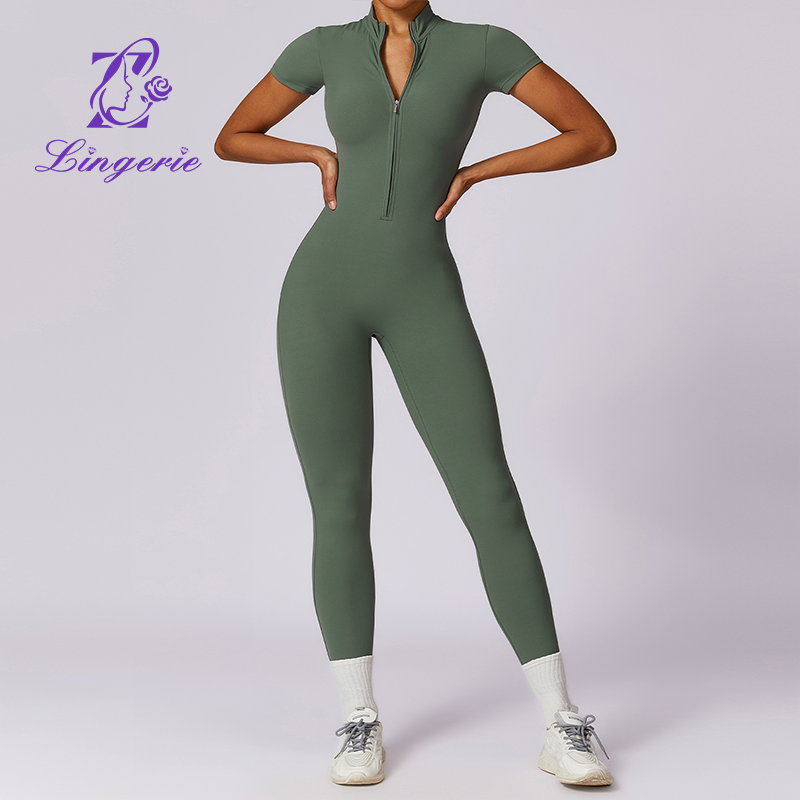 Zipper Short Sleeve Nude Yoga Bodysuit Women Outer Wear Fitness Sports One Piece Leotard