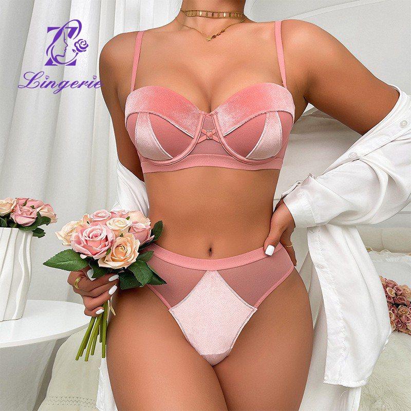 Sexy lingerie small breasts show large gathered anti-sagging lingerie velvet half cup red bra set
