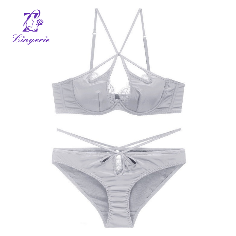 Sexy satin cross strap back lingerie eyelash lace thin bra soft steel ring gathered bra set