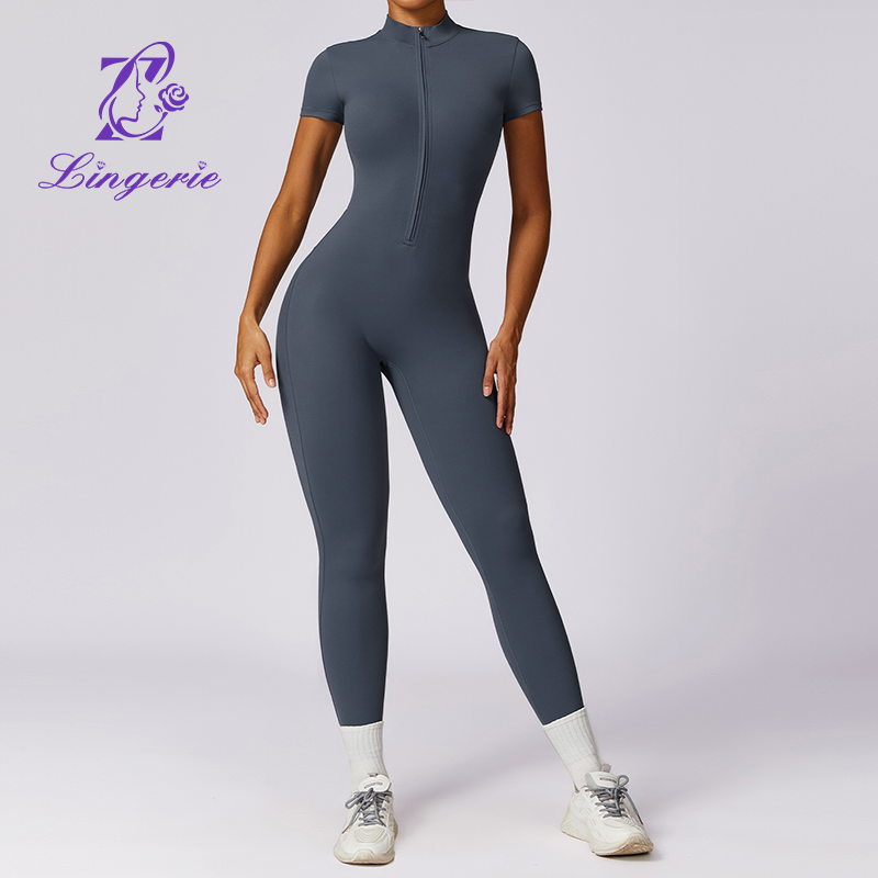 Zipper Short Sleeve Nude Yoga Bodysuit Women Outer Wear Fitness Sports One Piece Leotard