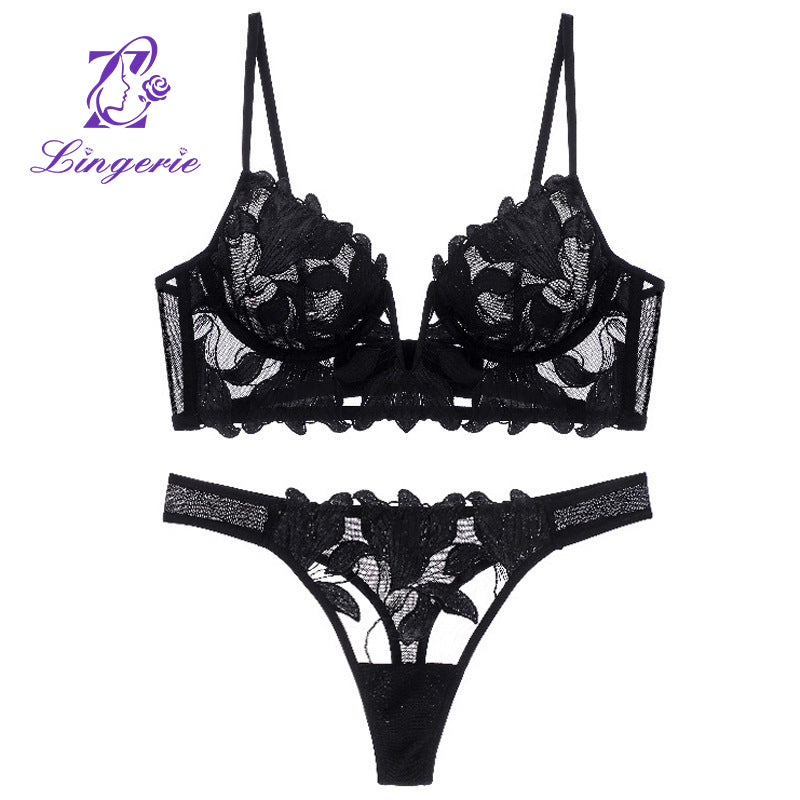 Sexy Lingerie Push Up Body Embroidery Mesh Bra Set