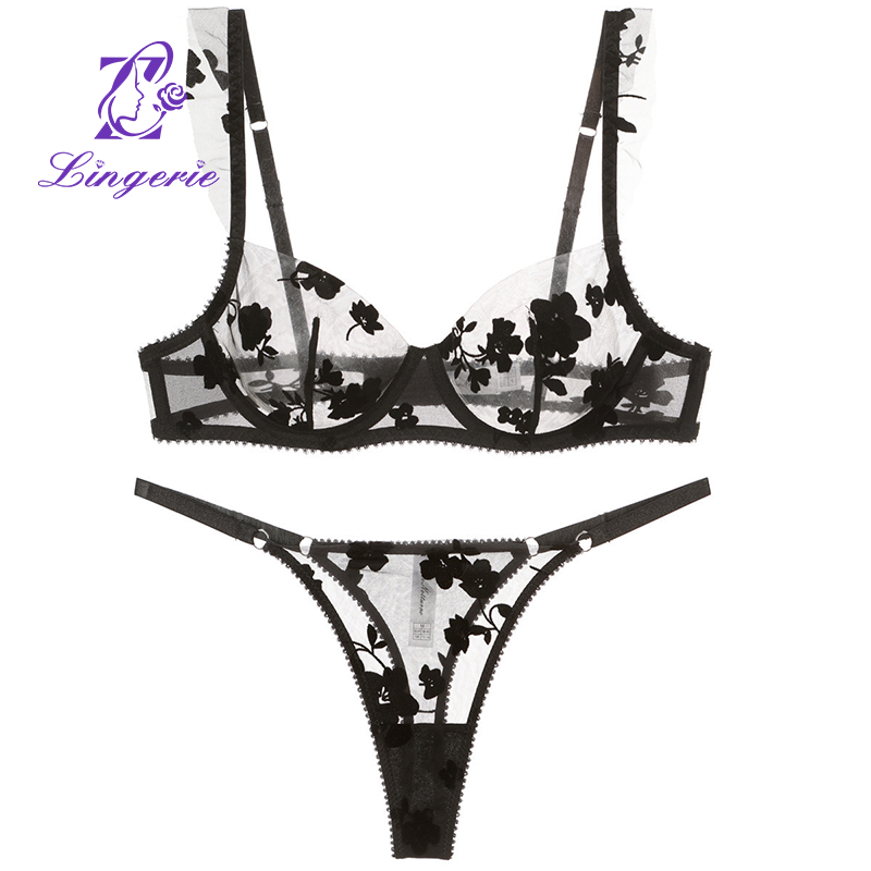 Sexy erotic lingerie French ultra-thin embroidered lace bra set large breasts show small three-piece bra set