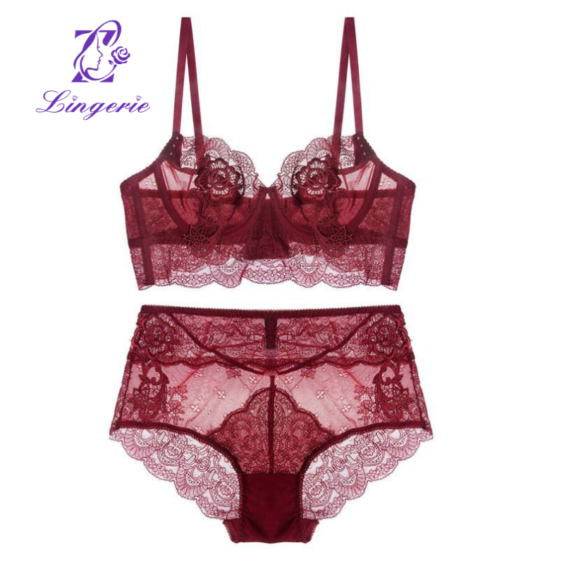 Sexy lace French lingerie set spongeless hollowed-out ultra-thin bra Small push-up bra set