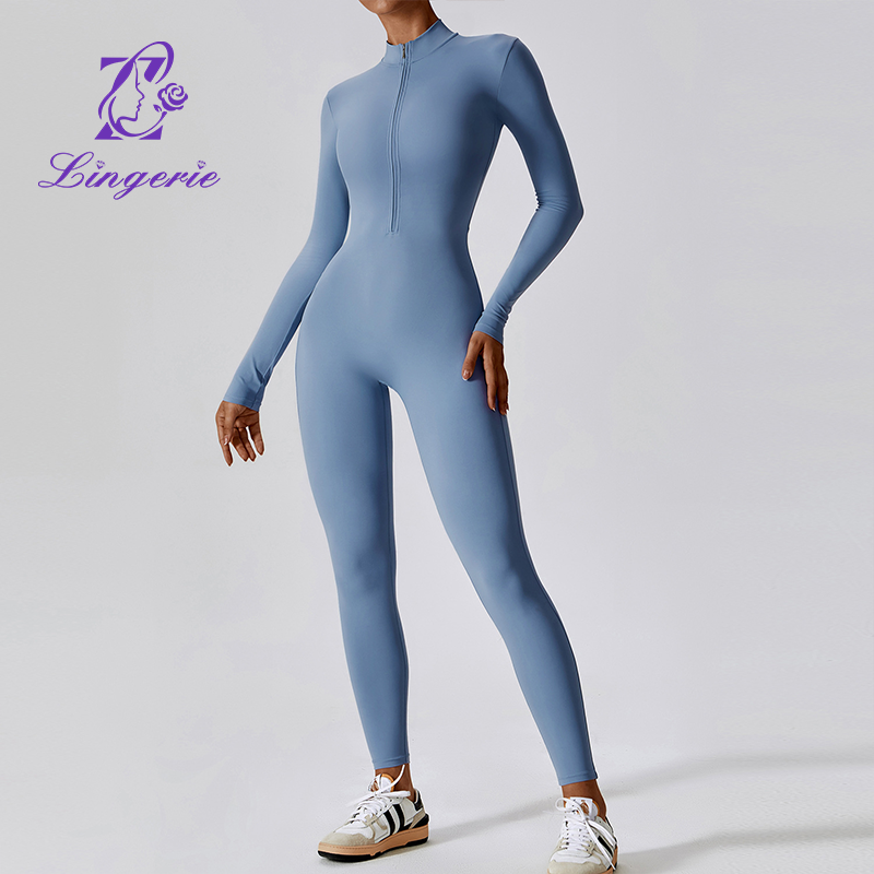 Zipper Nude Long Sleeve Yoga Bodysuit High Intensity Fitness Workout One Piece Leotard