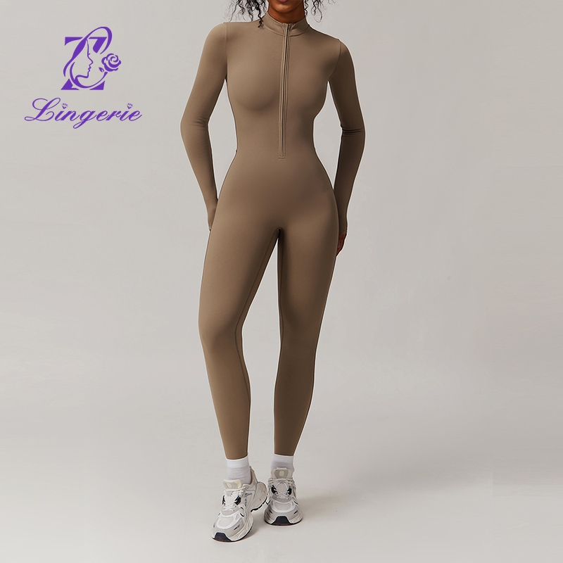 Zipper Nude Skinny Padded Yoga Bodysuit Outdoor Warm One Piece Running Fitness Wear