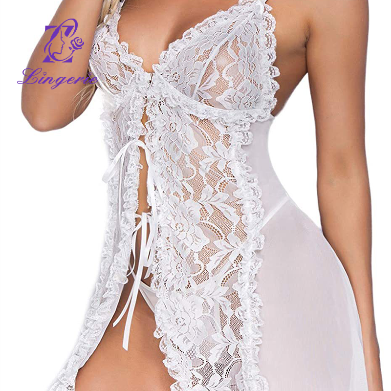 Sexy Deep V Splicing Heavy Lace Camisole Nightgown