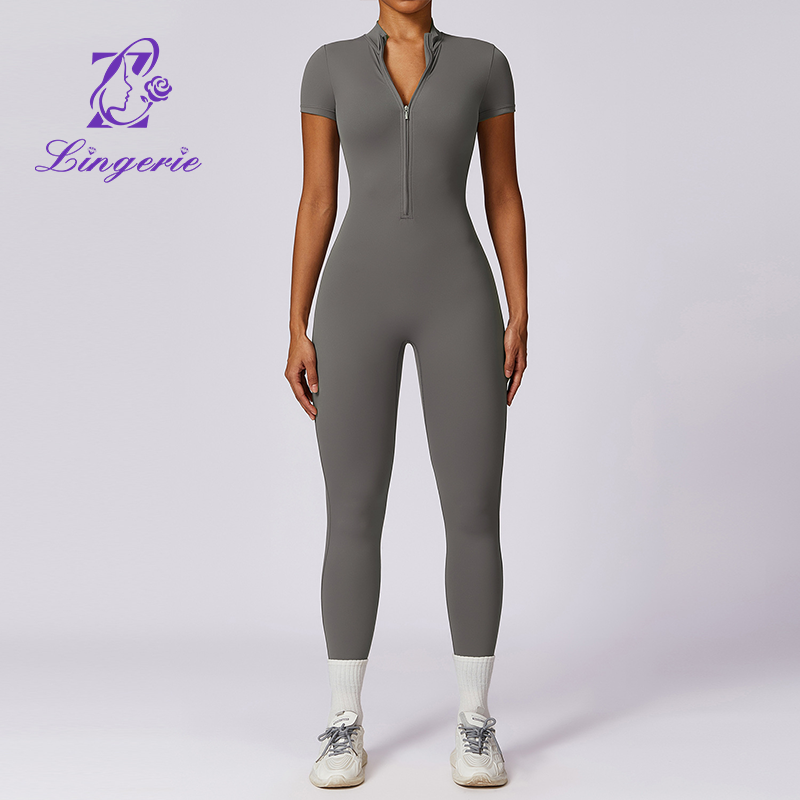 Zipper Short Sleeve Nude Yoga Bodysuit Women Outer Wear Fitness Sports One Piece Leotard