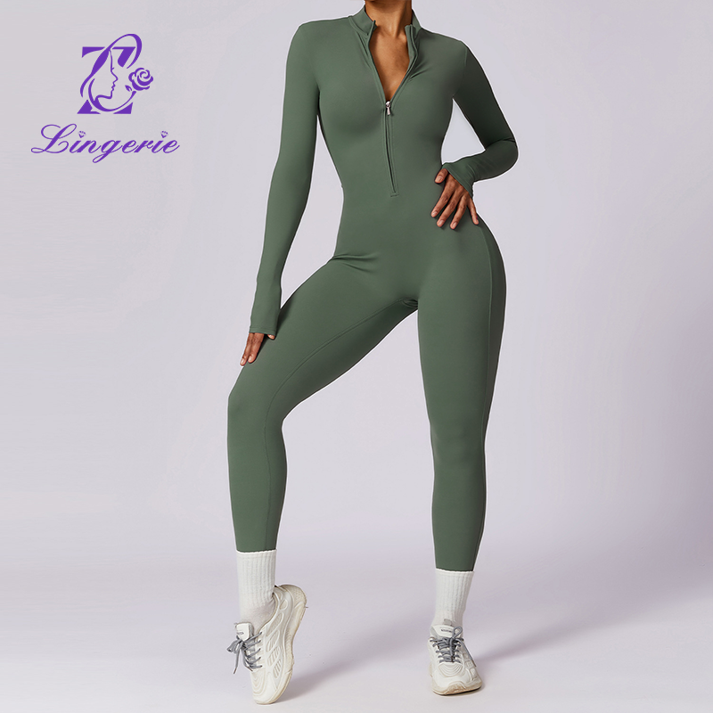 Zipper Nude Long Sleeve Yoga Bodysuit High Intensity Fitness Workout One Piece Leotard