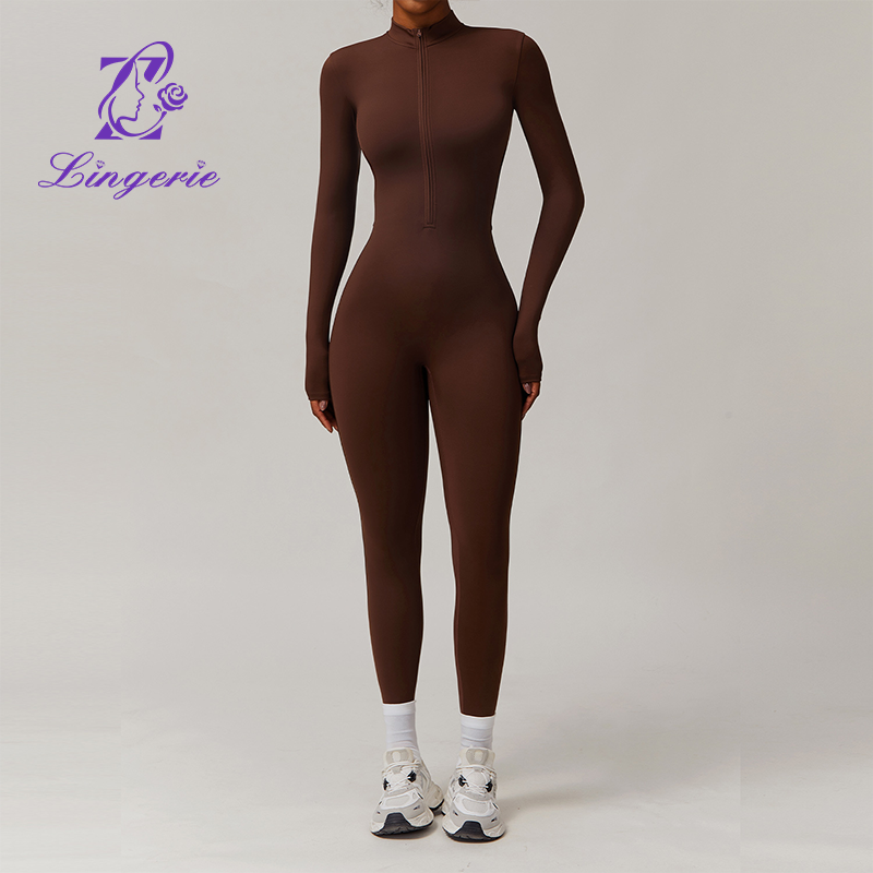 Zipper Nude Skinny Padded Yoga Bodysuit Outdoor Warm One Piece Running Fitness Wear