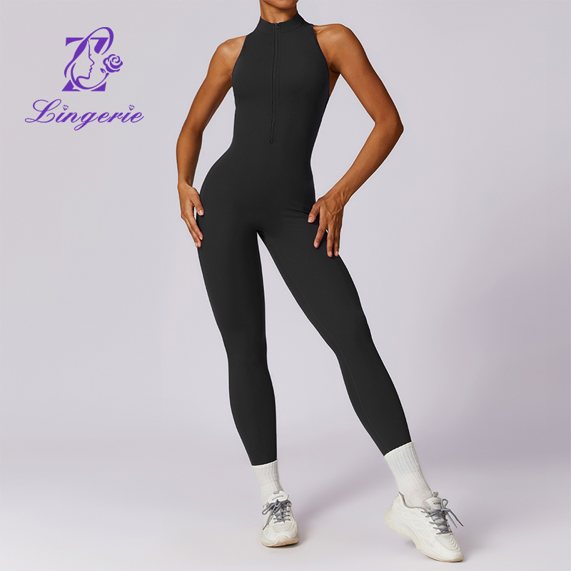 Nude Feeling Quick Dry Zipper Back Yoga Bodysuit High Intensity Fitness Training Exercise Leotard