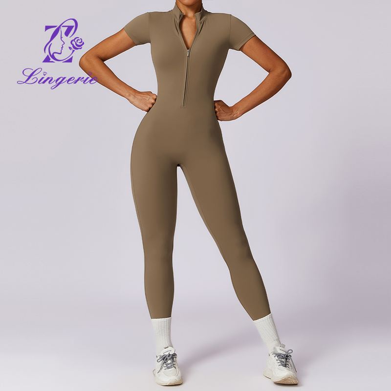 Zipper Short Sleeve Nude Yoga Bodysuit Women Outer Wear Fitness Sports One Piece Leotard
