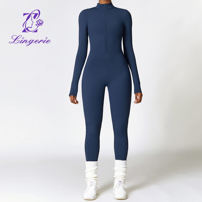 Zipper Nude Skinny Padded Yoga Bodysuit Outdoor Warm One Piece Running Fitness Wear