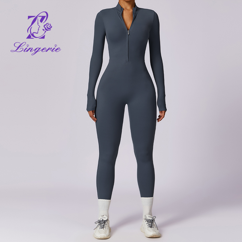 Zipper Nude Long Sleeve Yoga Bodysuit High Intensity Fitness Workout One Piece Leotard