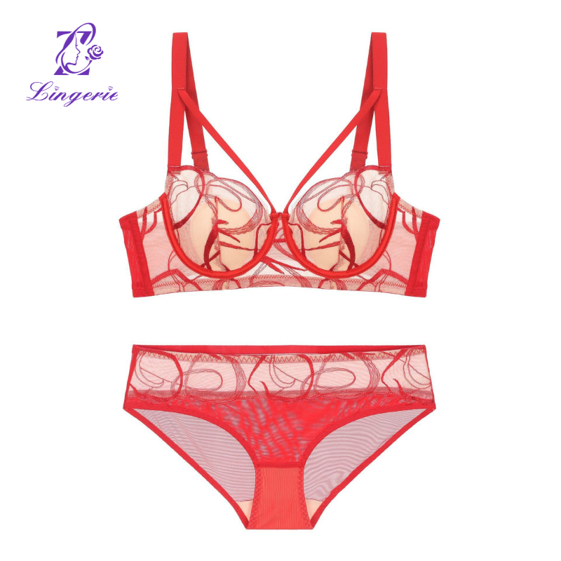 Lingerie women's sensual ink painting embroidery lace bra set thin cotton rabbit ears cup large breasts show small bra