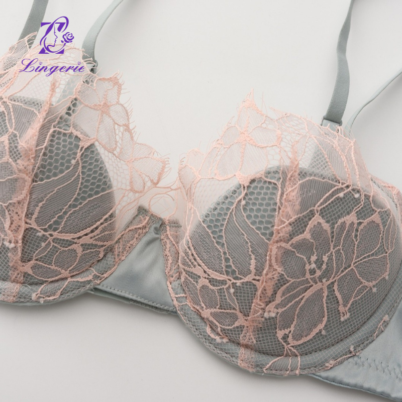 Lingerie women's sensual thin cotton satin splicing eyelash lace underwear soft steel ring small breasts gathered bra set