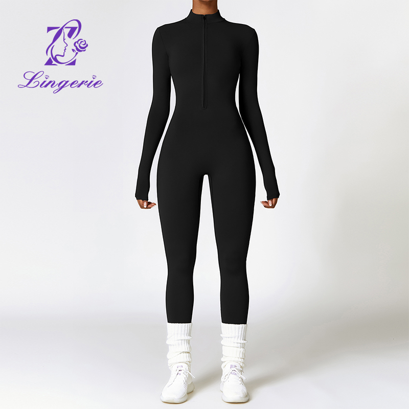 Zipper Nude Skinny Padded Yoga Bodysuit Outdoor Warm One Piece Running Fitness Wear