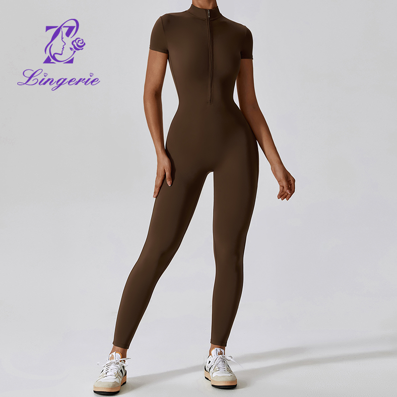 Zipper Short Sleeve Nude Yoga Bodysuit Women Outer Wear Fitness Sports One Piece Leotard