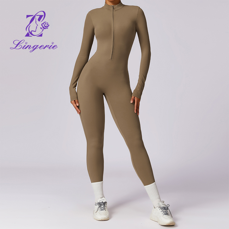 Zipper Nude Long Sleeve Yoga Bodysuit High Intensity Fitness Workout One Piece Leotard