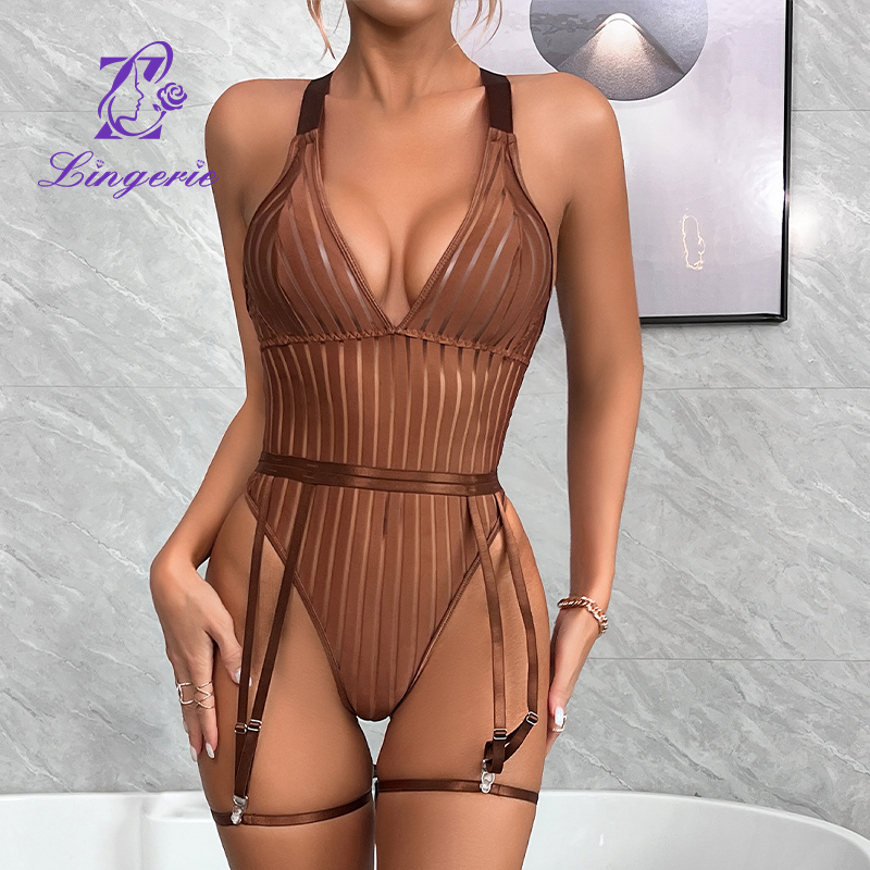 Striped backless see-through mesh patchwork body suit