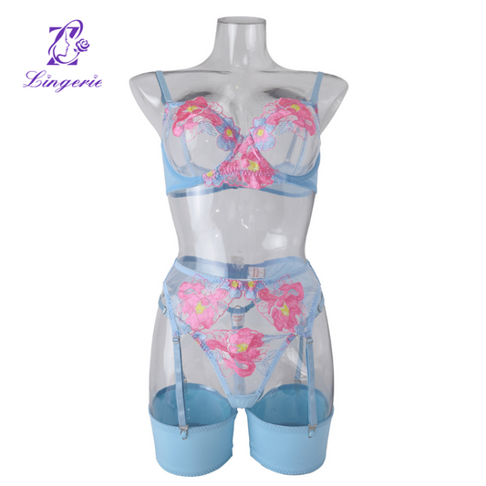 Sexy fashion three-point embroidery mesh see-through erotic lingerie four-piece set