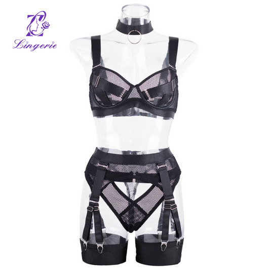 Mesh Breathable Wide Belt Body Contouring Separate Erotic Lingerie 5 Piece Set