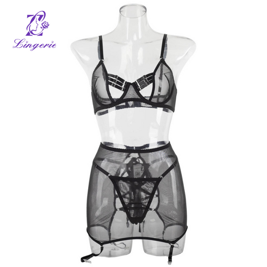 Mesh complex craft pants waist skirt garter buckle erotic lingerie with steel ring gathered three-piece set