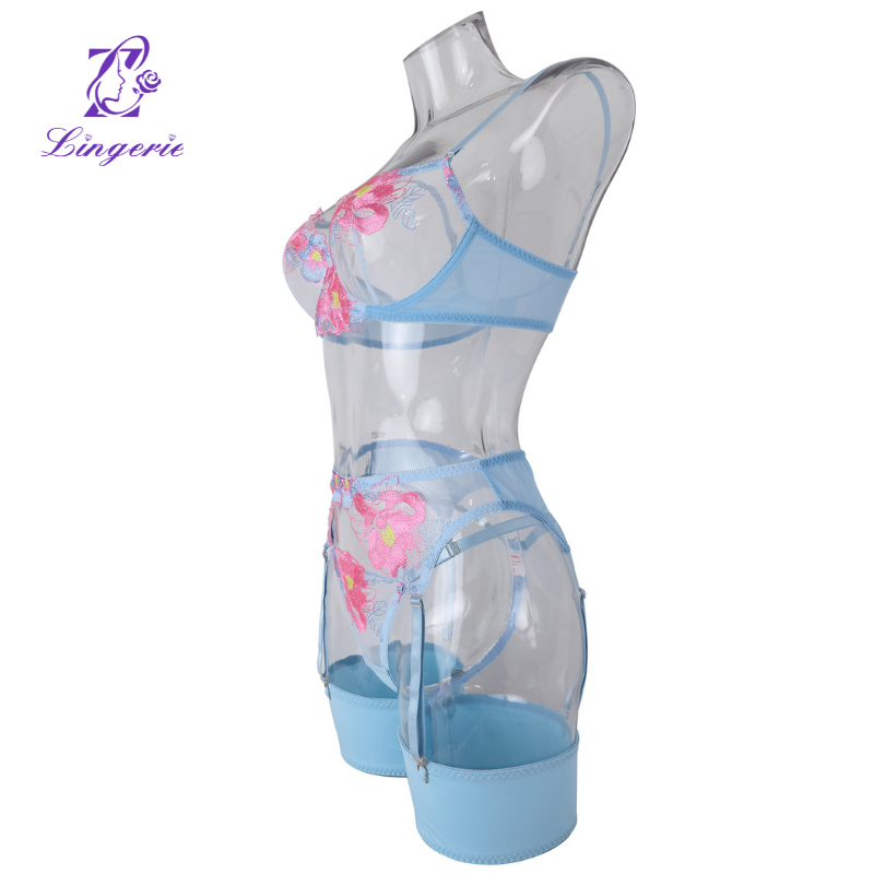 Sexy fashion three-point embroidery mesh see-through erotic lingerie four-piece set