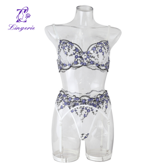 Floral embroidery see-through mesh sexy lingerie set of four