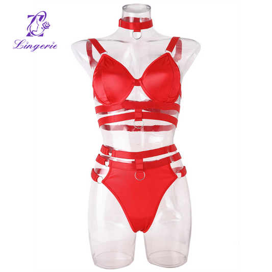 Gathering three-point steel support erotic lingerie three-piece set