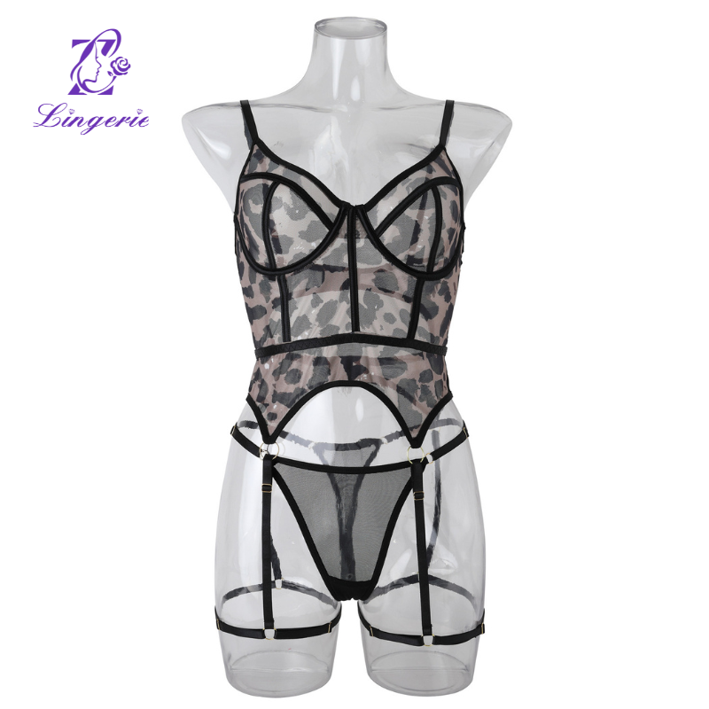 Erotic lingerie bra steel support mesh printing leopard print sexy fashion even hanging stockings buckle two-piece set
